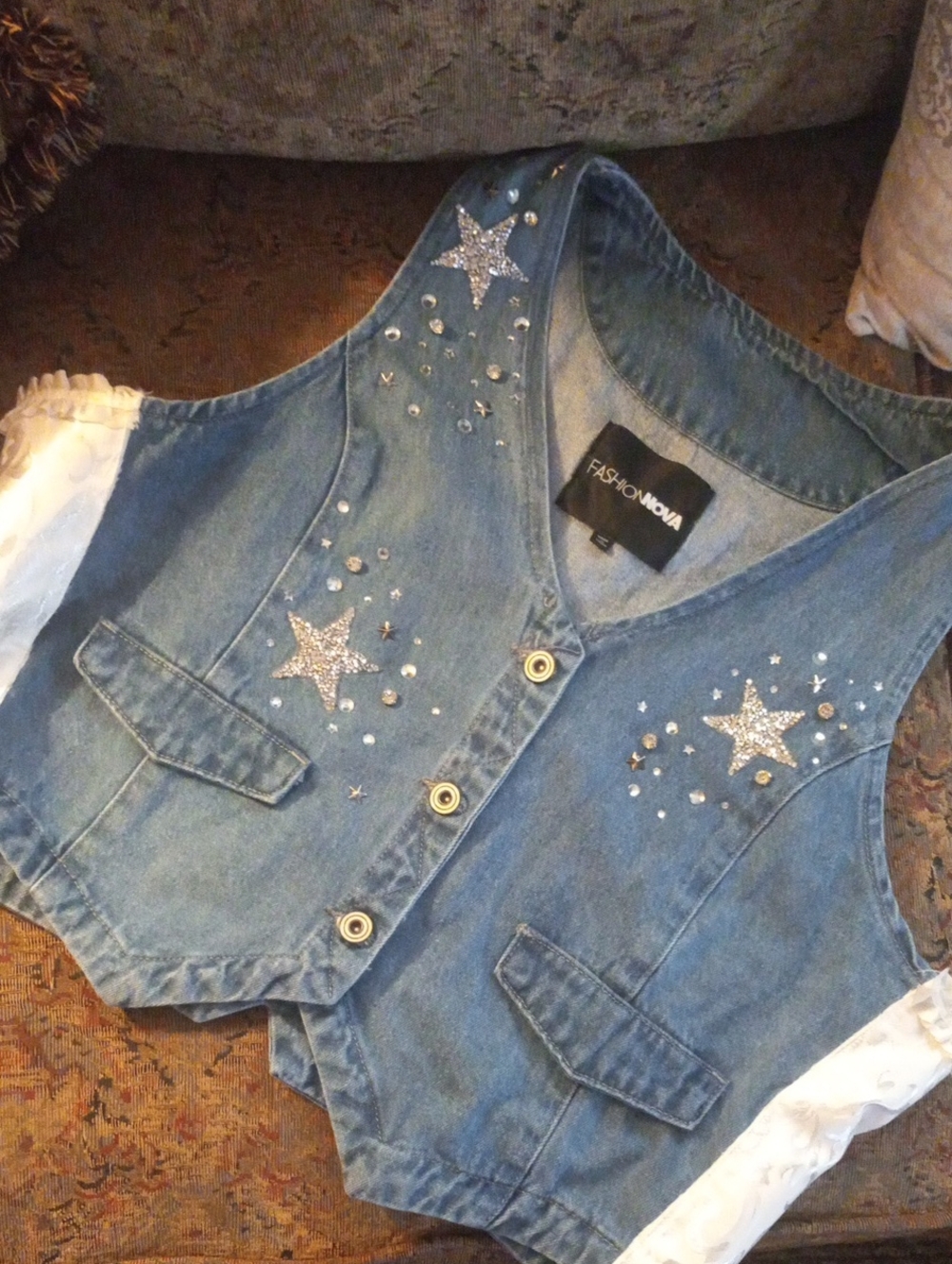 Fashion Nova Denim Vest with Silver Star Embellishments